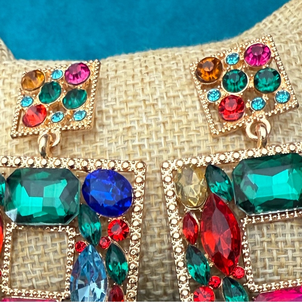 Multicolor Gemstone Square Earrings NEW - Picture 2 of 4